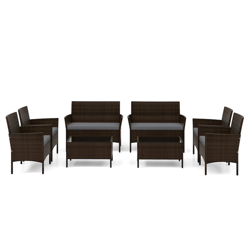 8PCS Patio Rattan Conversation Set Outdoor Furniture Set w/ End Table - Grey