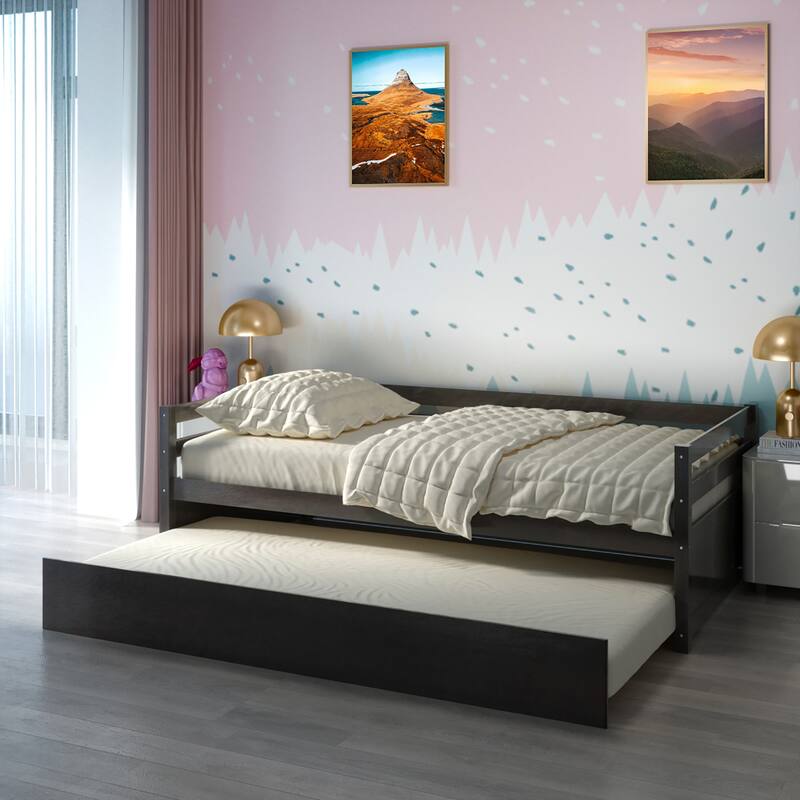 Costway Twin Size Trundle Daybed Wooden Slat Support Mattress Platform