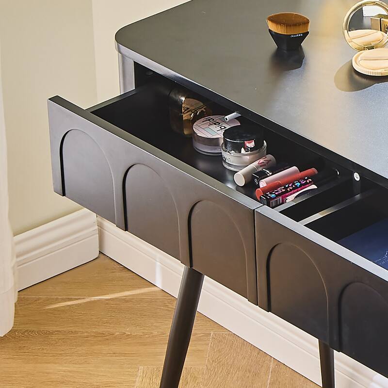 Modern Makeup Vanity Desk with LED Lights & Mirror, Extendable Dressing Table Set with Stool, 4 Drawer & Side Cabinet