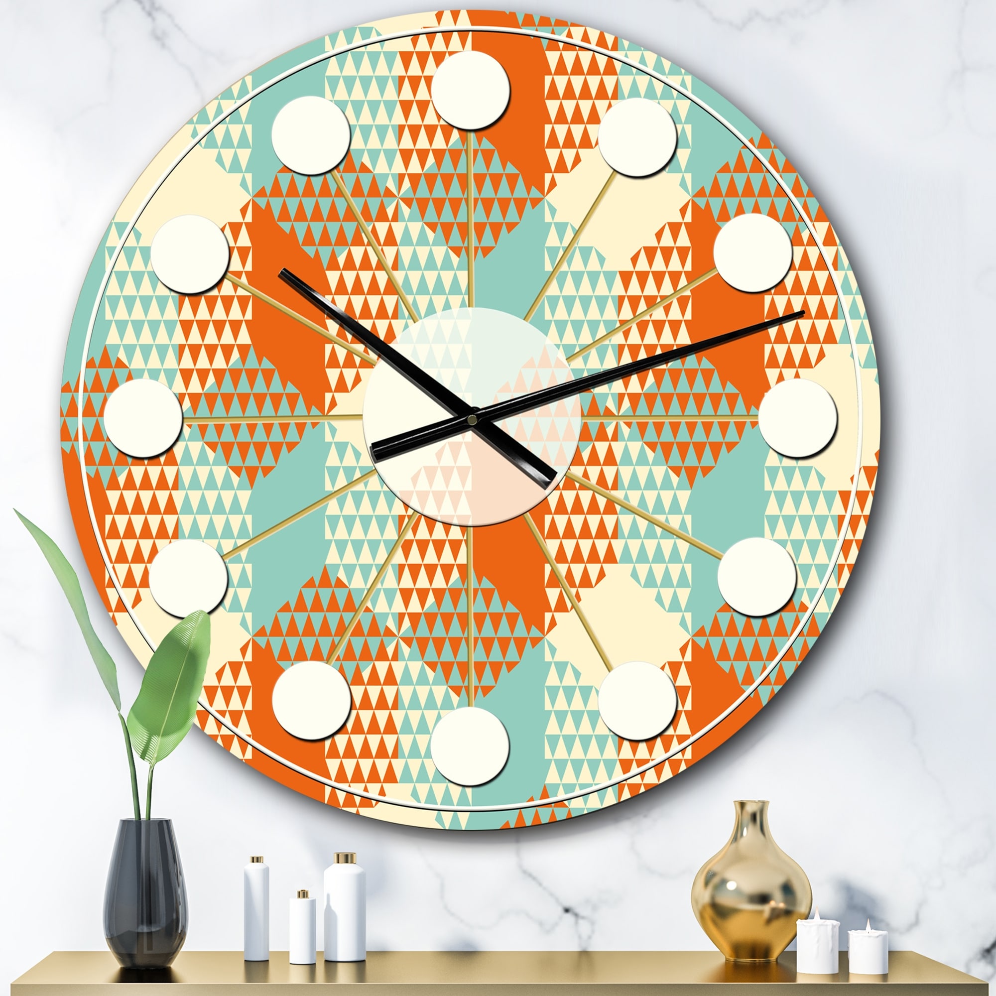 DesignQ Mid-Century Modern Wall Clock 'Retro Hexagon Pattern VII' Blue Round Wall Clock for Bedroom Decor 