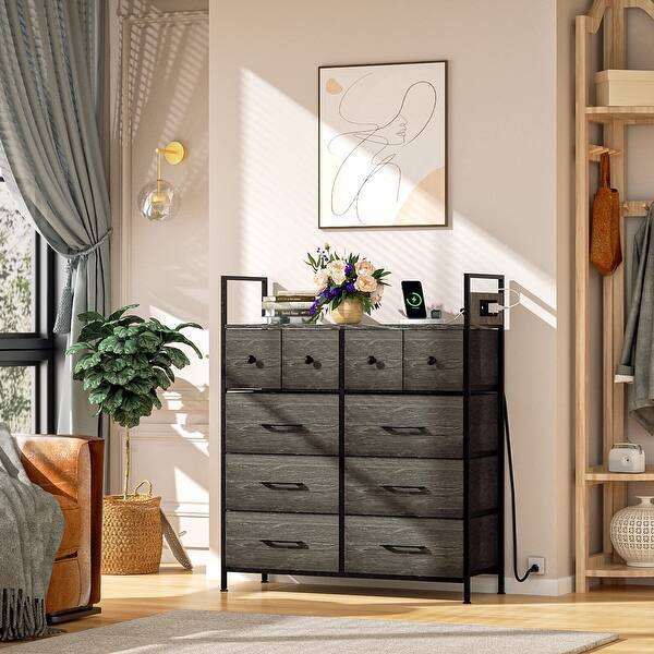 fabric drawer dresser Wlive 10-Drawer Storage Tower for Bedroom Hallway Closets Tall Chest Organizer Unit with Textured Print Fabric Bins Steel Frame Wood To Chests of Drawers Match any style of room 5 Drawers Wide Fabric Dresser