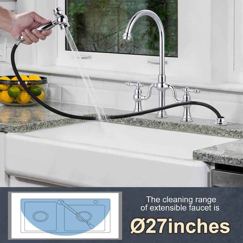 WOWOW Double Handle High Arc Bridge Kitchen Faucet with Side Sprayer