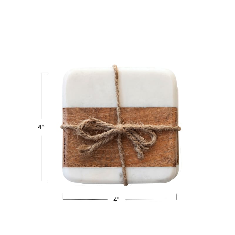 Marble & Acacia Wood Coasters - 4.0"L x 4.0"W x 0.5"H