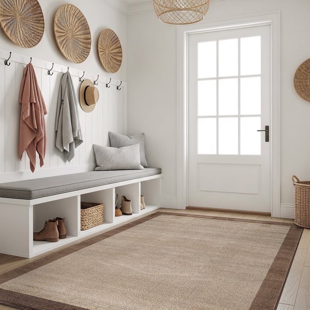 Modern Geometric Stripe Bordered Area Rug for Living Room, Bedroom, or Entryway - Low Pile Indoor Rug