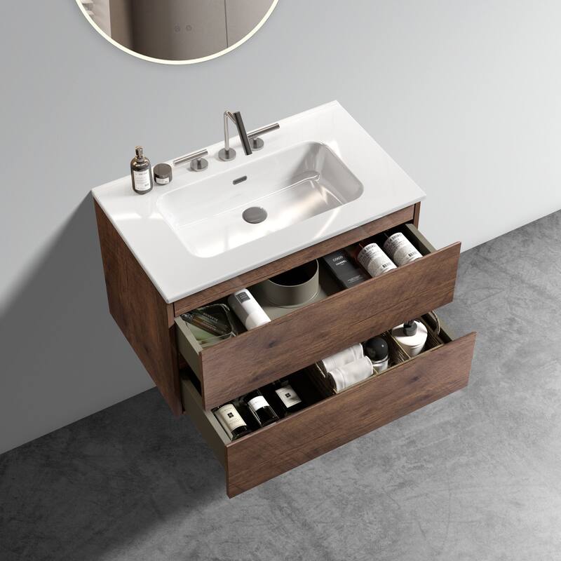 Modern Walnut Bathroom Vanity with Silent DTC Soft-Closing Drawers, Eco-friendly E1 Boards, Handle-Free Design, 30-inch