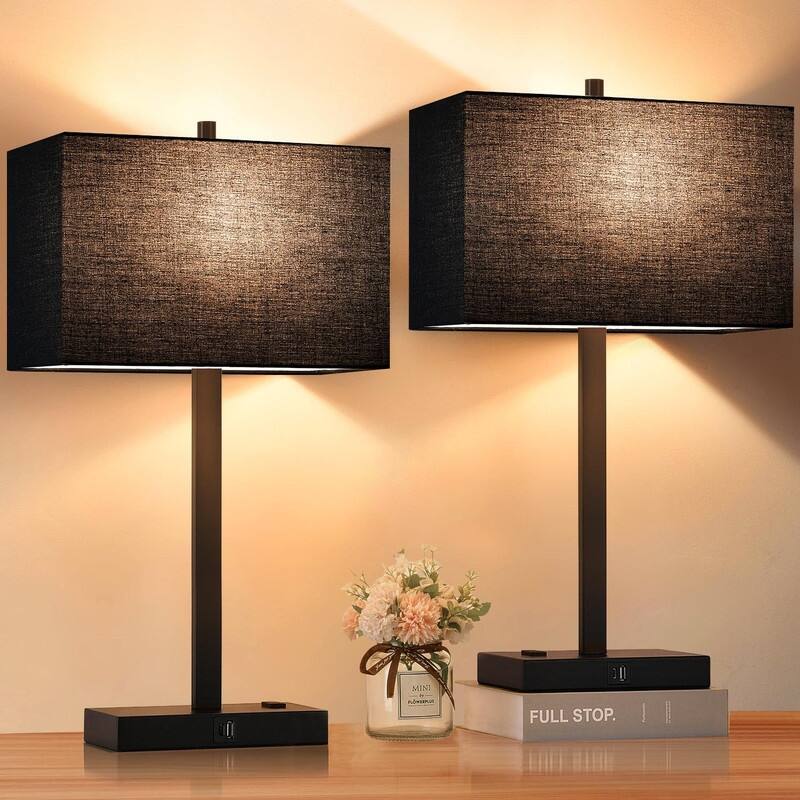 21" Set of 2 Touch Control Table Lamps with 2 USB & AC Outlets - 4.4"D x 7.8"W x 21"H - Black Linen& Matte Black