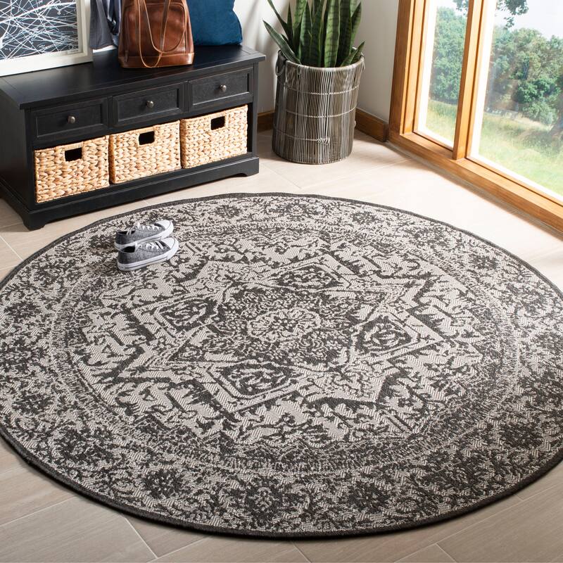SAFAVIEH Linden Rick Indoor/ Outdoor Waterproof Patio Backyard Rug - 4' x 4' Round - Light Grey/Charcoal