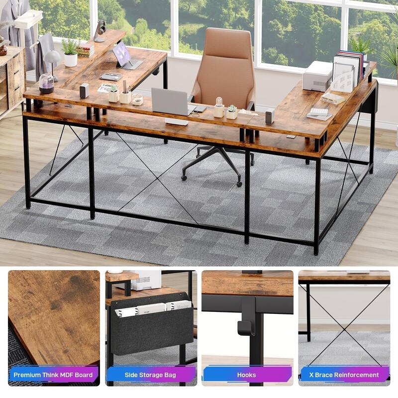 U Shaped Desk, 126 Inch Gaming Desk with Monitor Stand and LED Lights