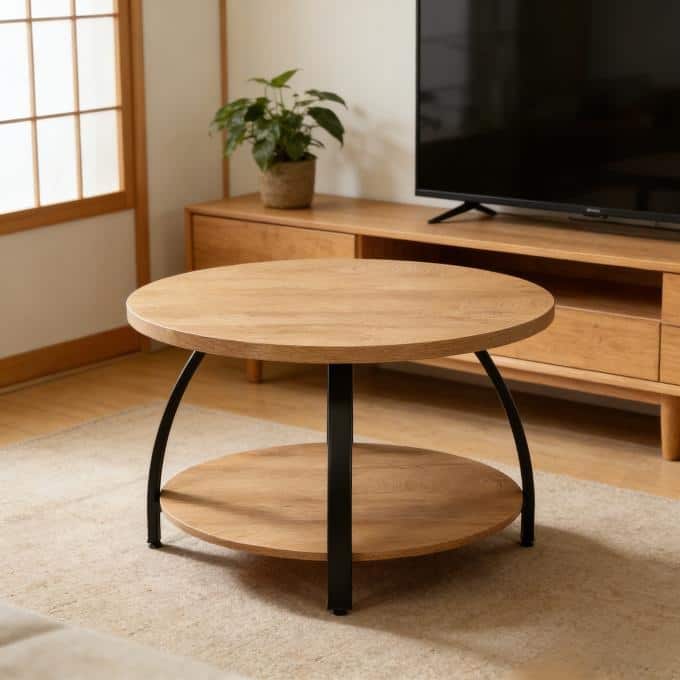 31.5-Inch Round Coffee Table with Storage Shelf for Living Room, Office - Brown