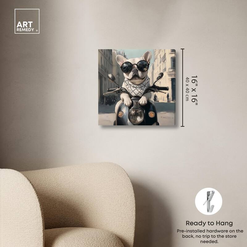 Frenchie on a Scooter Drive Canvas by Art Remedy, Gallery Wrapped