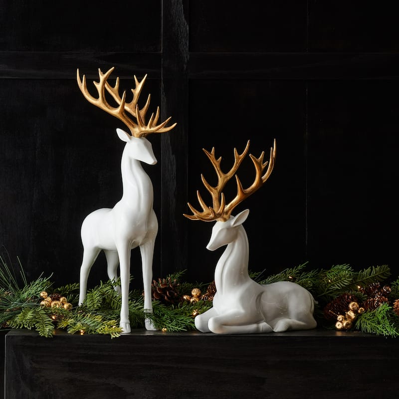 Deer with Antler Christmas Tabletop Figurines - 13" - White and Gold - Set of 2