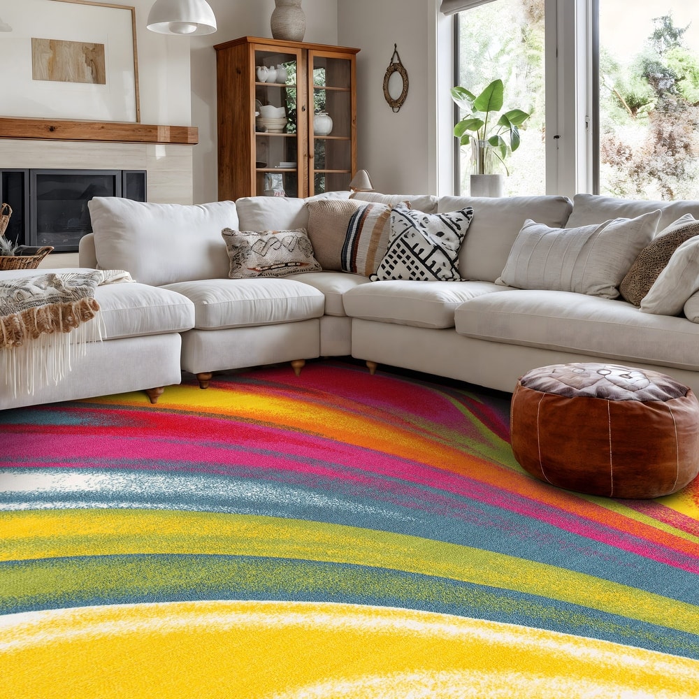 World Rug Gallery Modern Contemporary Waves Multicolored Non-slip Non-skid Area Rug