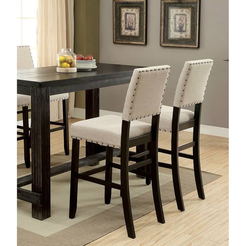 2-Piece Rustic Counter Height Bar Chair Set - Ivory Fabric with Nailhead Trim & Distressed Black Finish