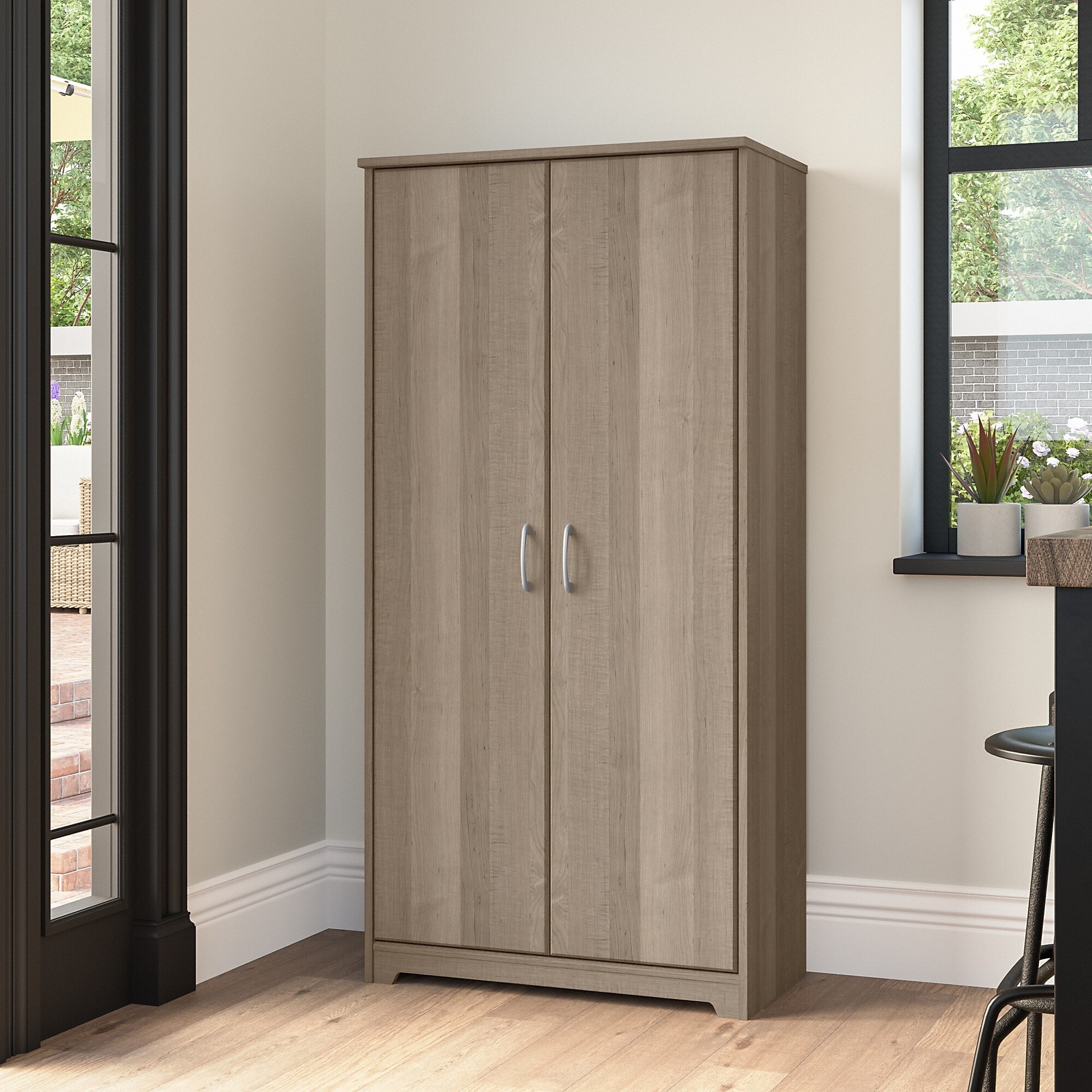 Light beige oak two-door wardrobe with silver handles