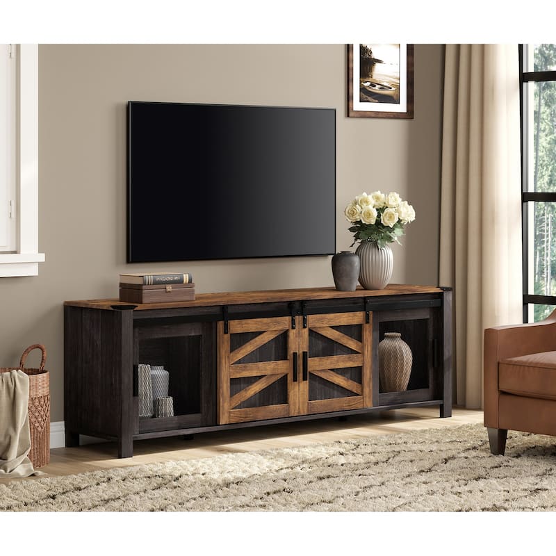 WAMPAT 70'' Wide TV Stand with Mesh Doors - Black and Brown