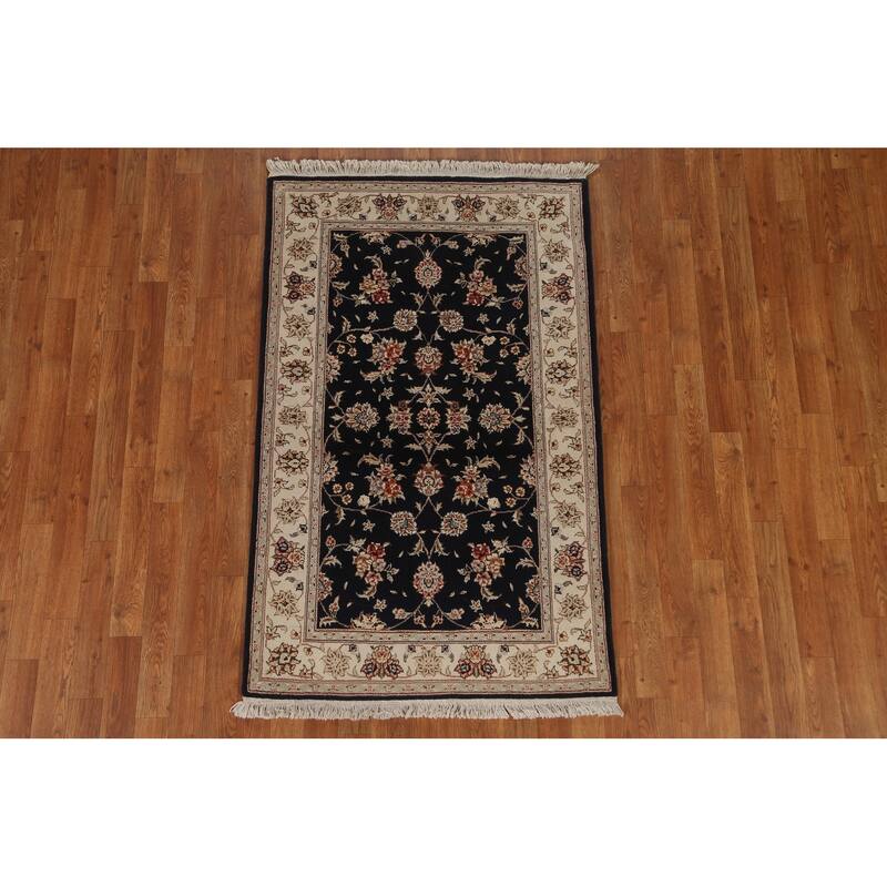 Hand Knotted Oriental Wool & Silk Carpet Traditional Floral Navy Blue & Blues Tabriz Area Rug - 4' 11'' X 3' 1''