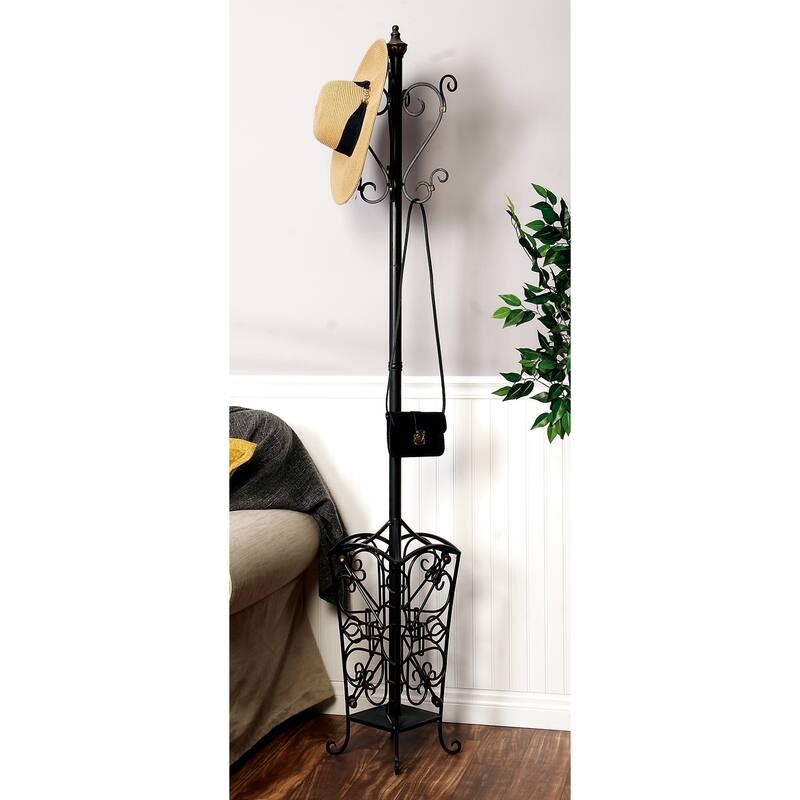 Metal Vintage Style Coat Rack with Scroll Designs - Black - Roche River Decor - 11"Wx11"Lx74"H