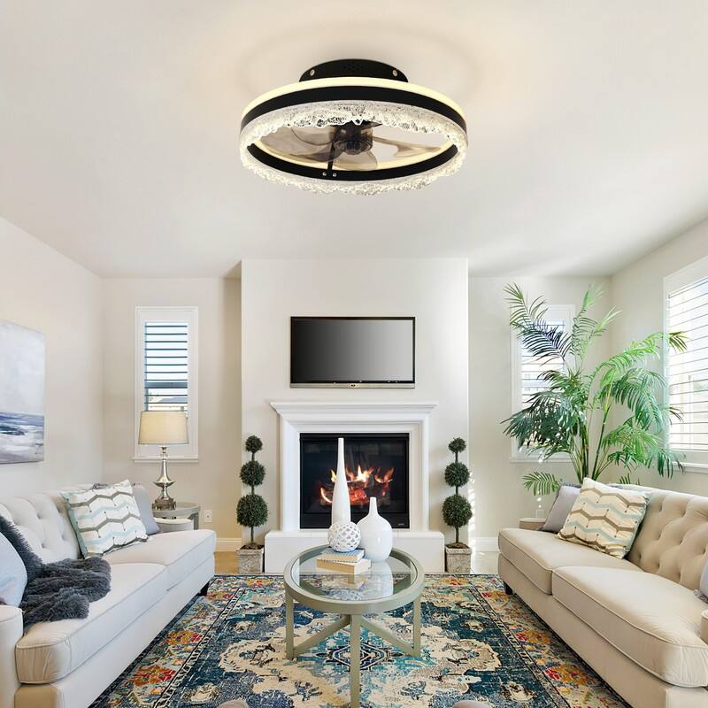 Smart Silent LED Ceiling Fan with Light Crystal Flush Mount, Hidden Blades