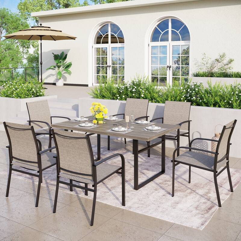 MAISON ARTS 7-Piece Outdoor Dining Set with 6 Textilene Chairs and U-Shaped Leg Table - Brown