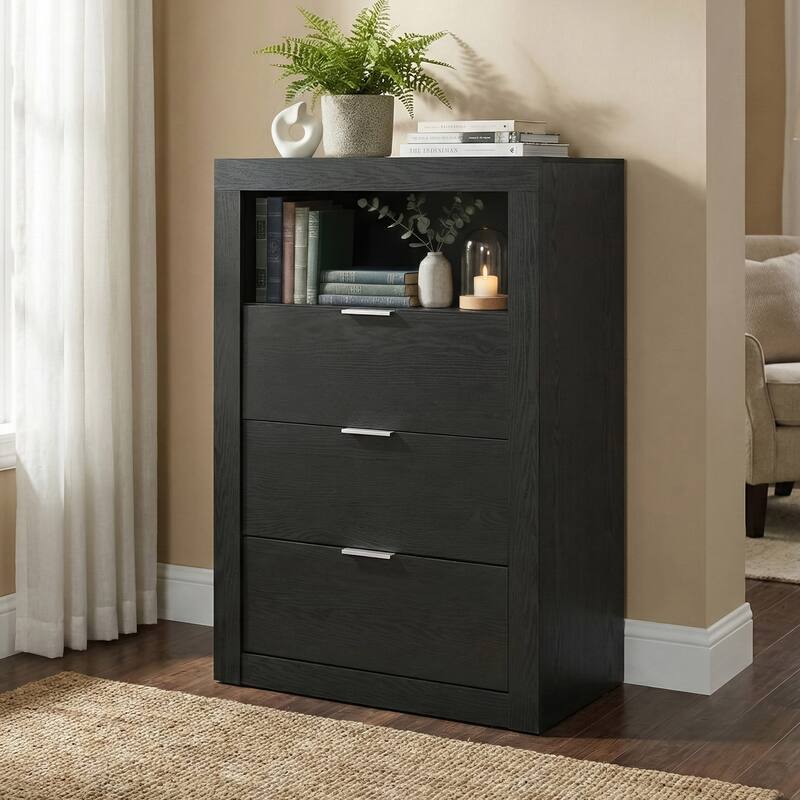 Furniture of America Merro Modern Solid Wood 3-Drawer Chest with Top Open Shelf - Black