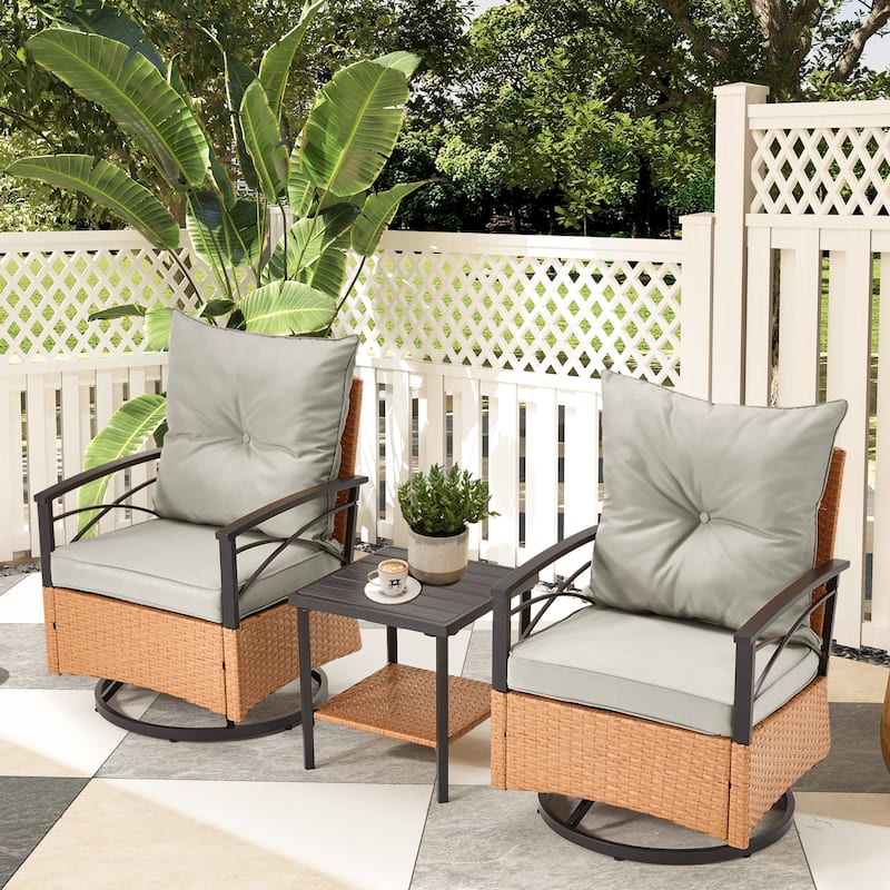 3-Piece Outdoor Rocking/Swivel Chair Set - PE Rattan Patio Furniture with Cushions & Coffee Table, Rocker Chairs for Backyard - Swivel Chair - Grey