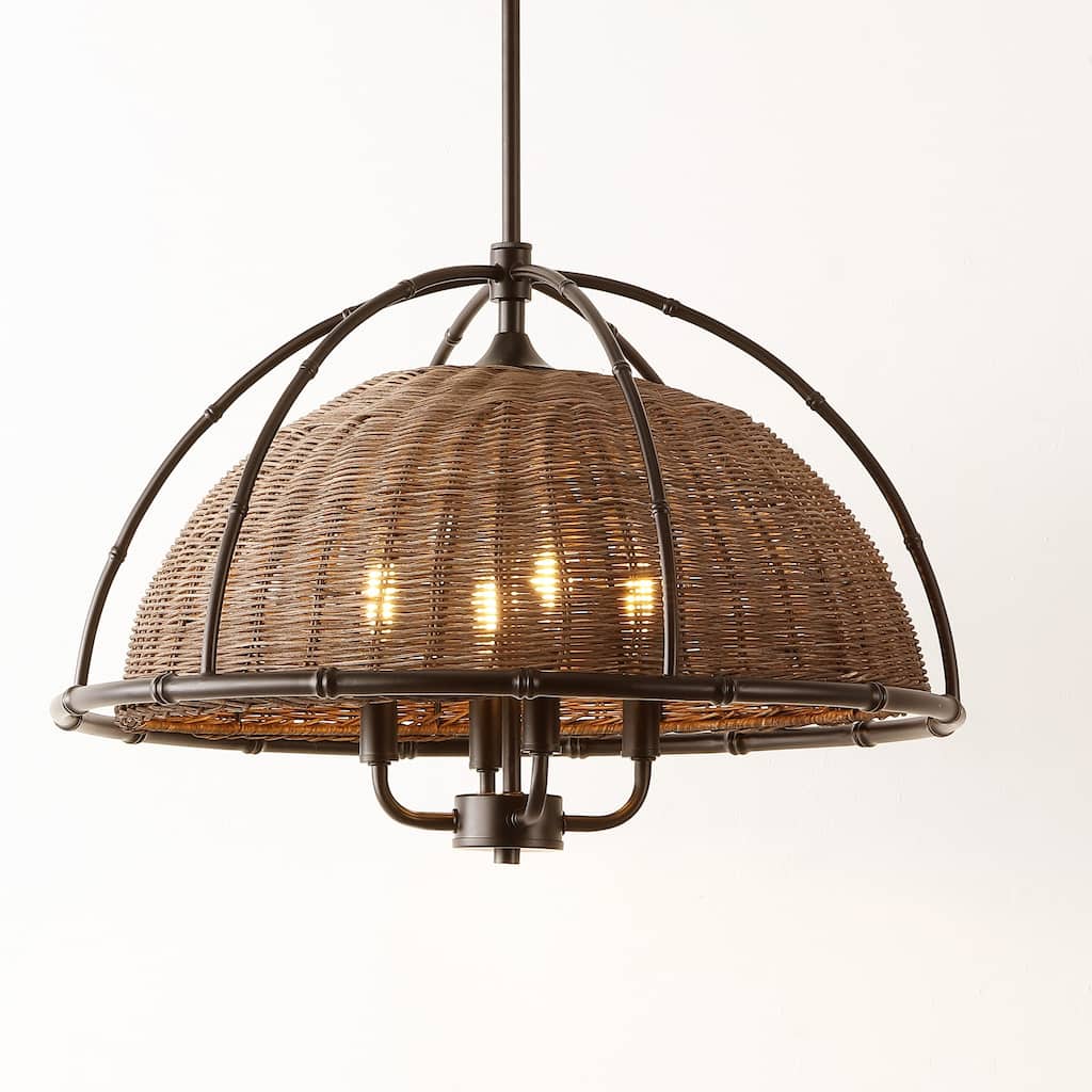 SAFAVIEH Lighting Joita 4-Light Wicker Pendant Chandelier (LED Bulbs Included) - 21.5 In. x 21.5 In. x 23-53 In.