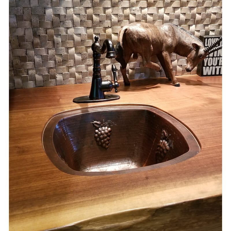 Handcrafted 15" Square Copper Kitchen Bar Sink with GRAPE Design by SimplyCopper - 15" x 15" x 7"