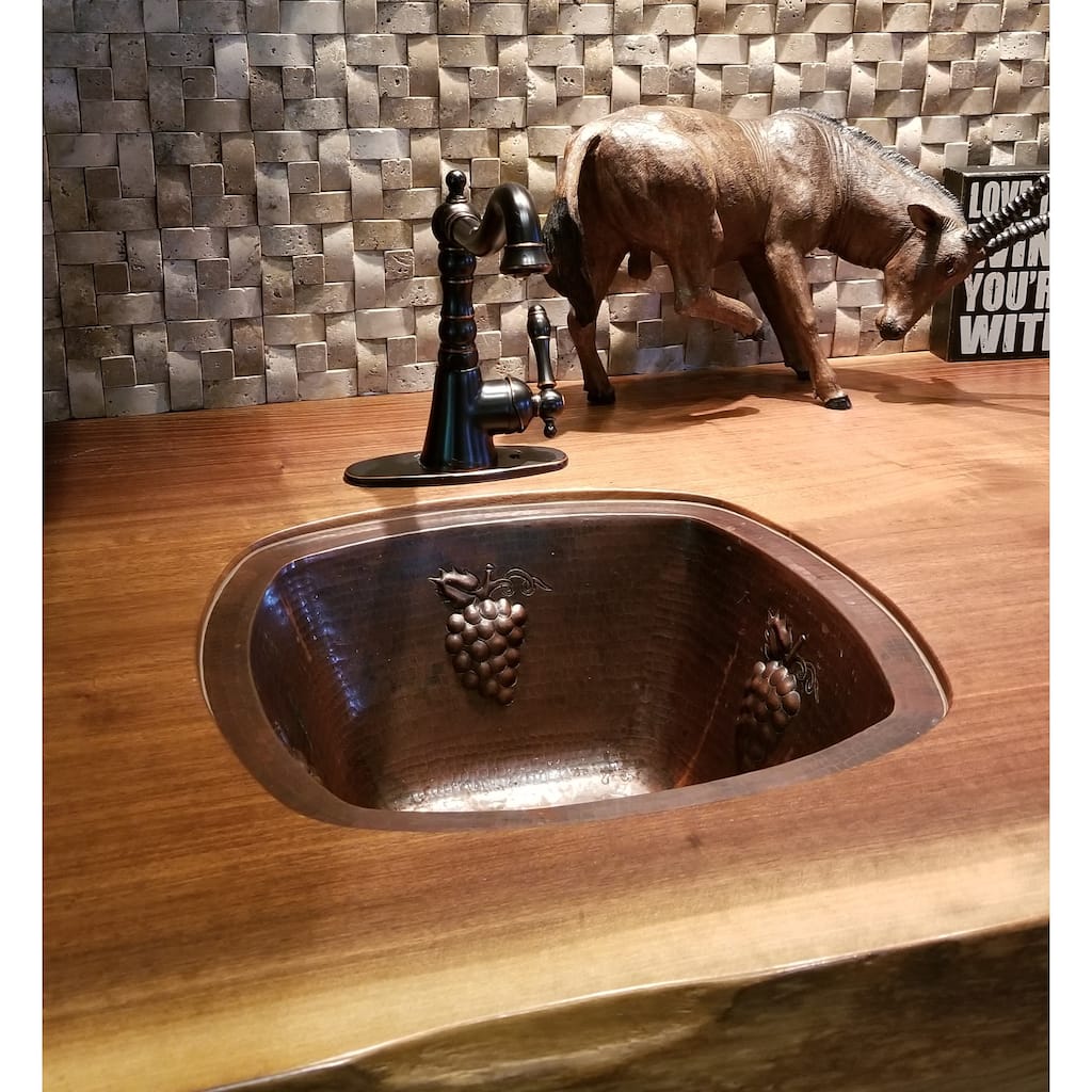 Handcrafted 15" Square Copper Kitchen Bar Sink with GRAPE Design by SimplyCopper - 15" x 15" x 7"