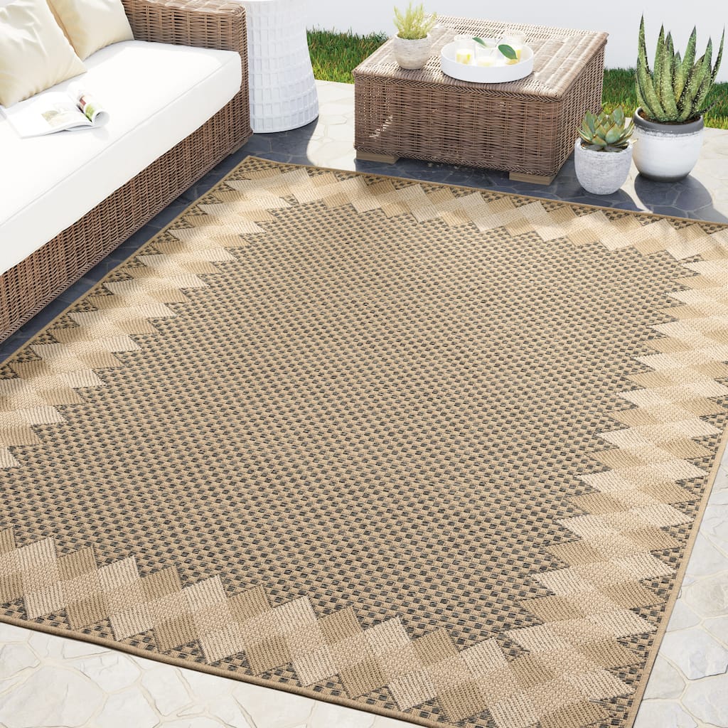 Abani Rugs Patio PAT130A Outdoor Grey Beige Checkered with Border Area Rug