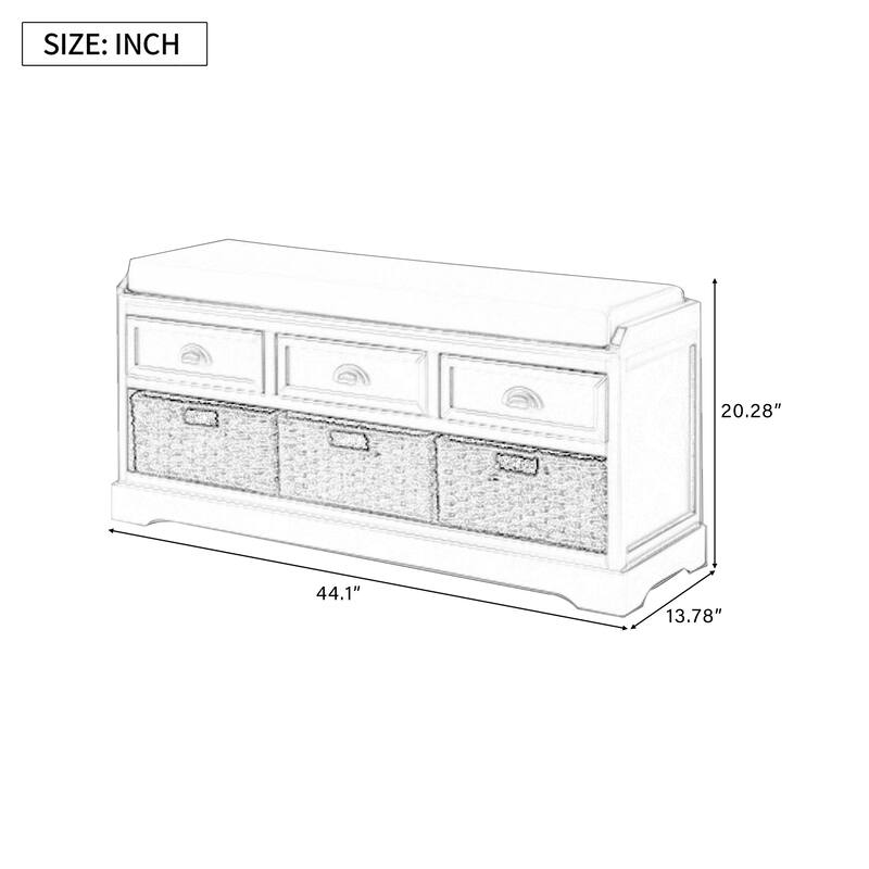 Shoe Bench with 3 Drawers & 3 Woven Baskets, Freestanding Wood Storage Bench, Entryway Bench with Removable Cushion