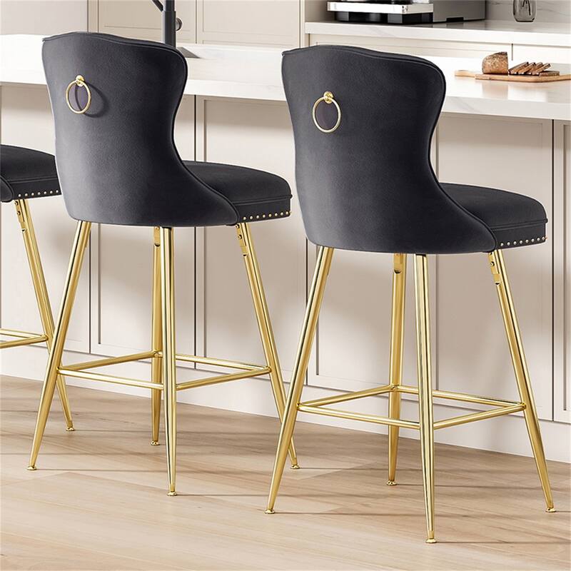 Velvet Bar Stools with Metal Legs, Button Tufted and Nailheads Trim (Set of 2)