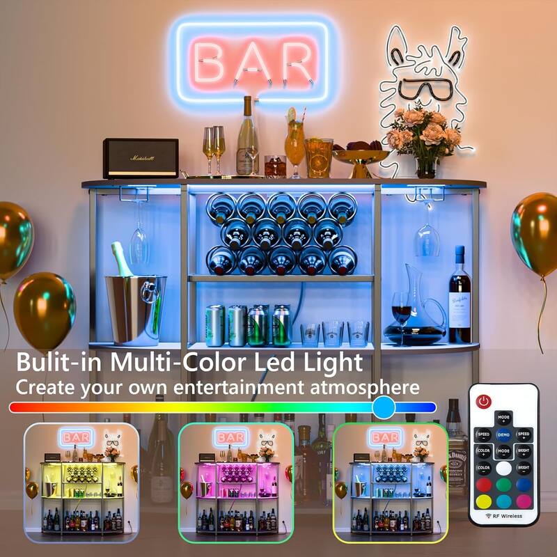 BOSSIN Wine Rack with Power Outlet and LED Lights, Home Bar Table Cabinet for Liquor with Fireplace,4-Tier Storage Glass Holder