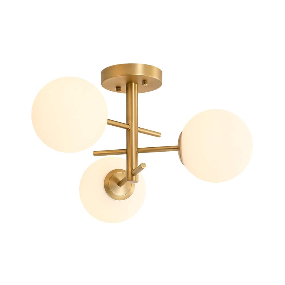 Mid-Century 3-Light Round Milky Glass Sputnik Semi Flush Ceiling Light
