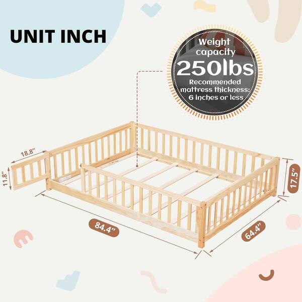 dimension image slide 4 of 10, Twin/Full/Queen Size Floor Bed with Safety Guardrails, Toddler Floor Bed for Girls and Boys