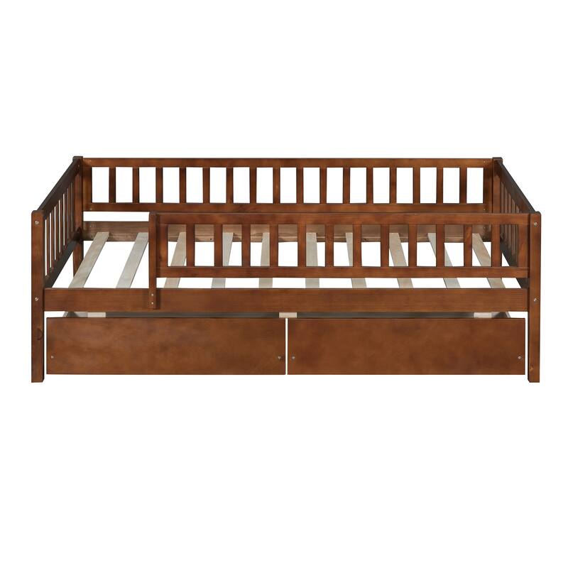 Twin Size Wooden Daybed with 2 Drawers, Multi-Functional Sofa Bed in Walnut Finish