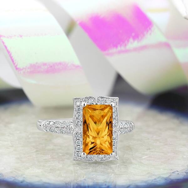 14K White Gold Plated Vintage 3CT Orange Citrine Diamond Halo Ring Women Jewelry 