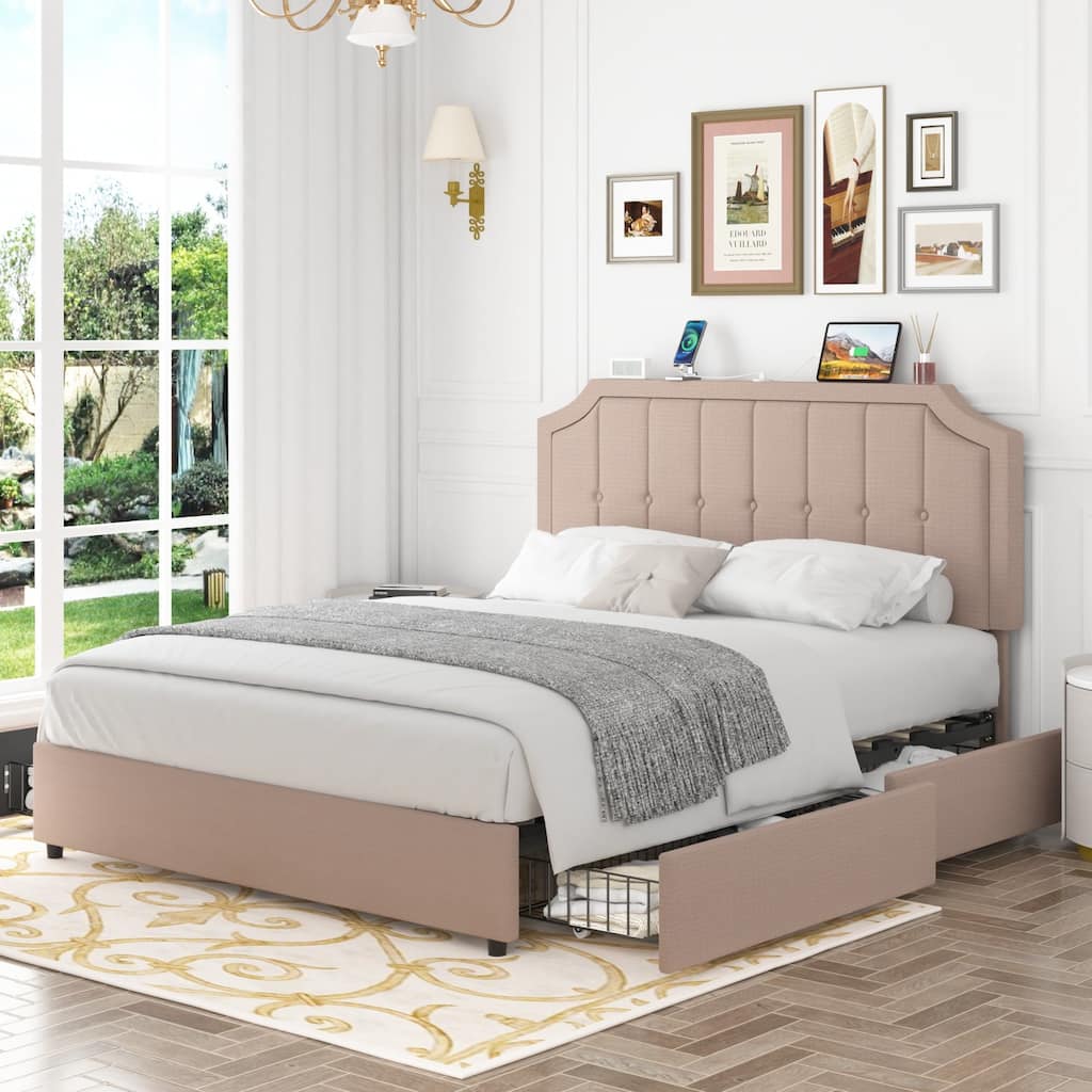 VECELO Upholstered Beds with Adjustable Headboard, Upholstered Storage Bed Frame with USB Ports and 4 Storage Drawers