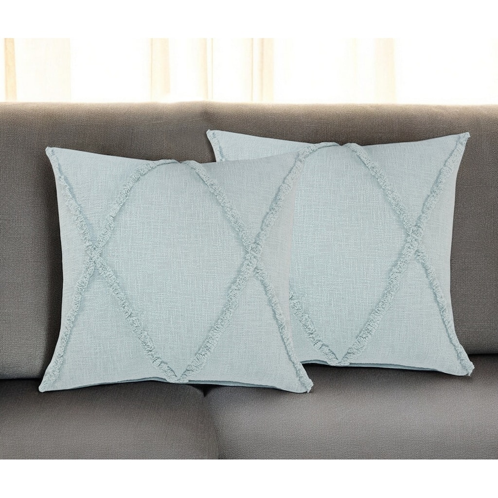 Set of Two Blue Diamond Cotton Throw Pillow With Fringe