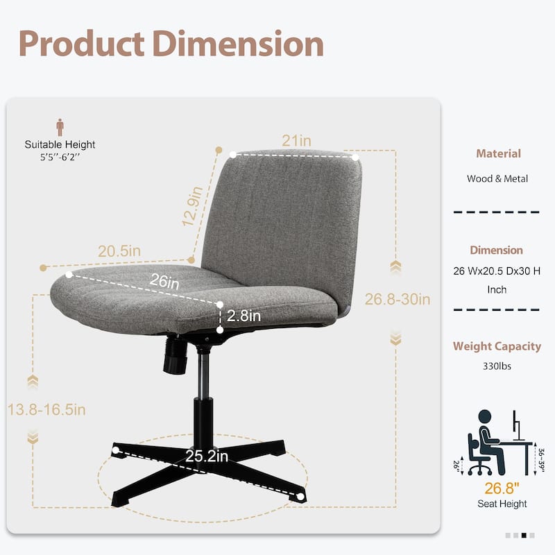Futzca Office Chair, Armless Wide Chair of Height Adjustable Swivel