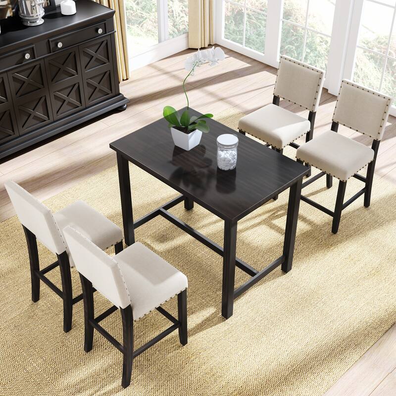 5 Piece Wooden Counter Height Dining Table Set w/4 Upholstered Chairs