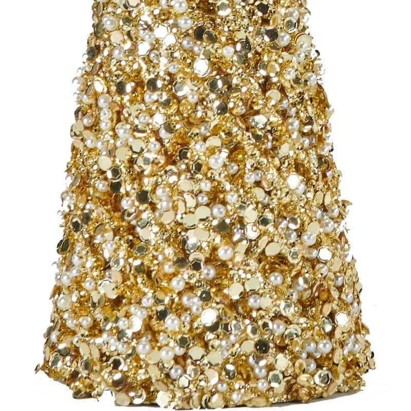 11.8" Glitter Bead And Sequin Artificial Tabletop Christmas Tree, Gold, Set of 2 - 11.8