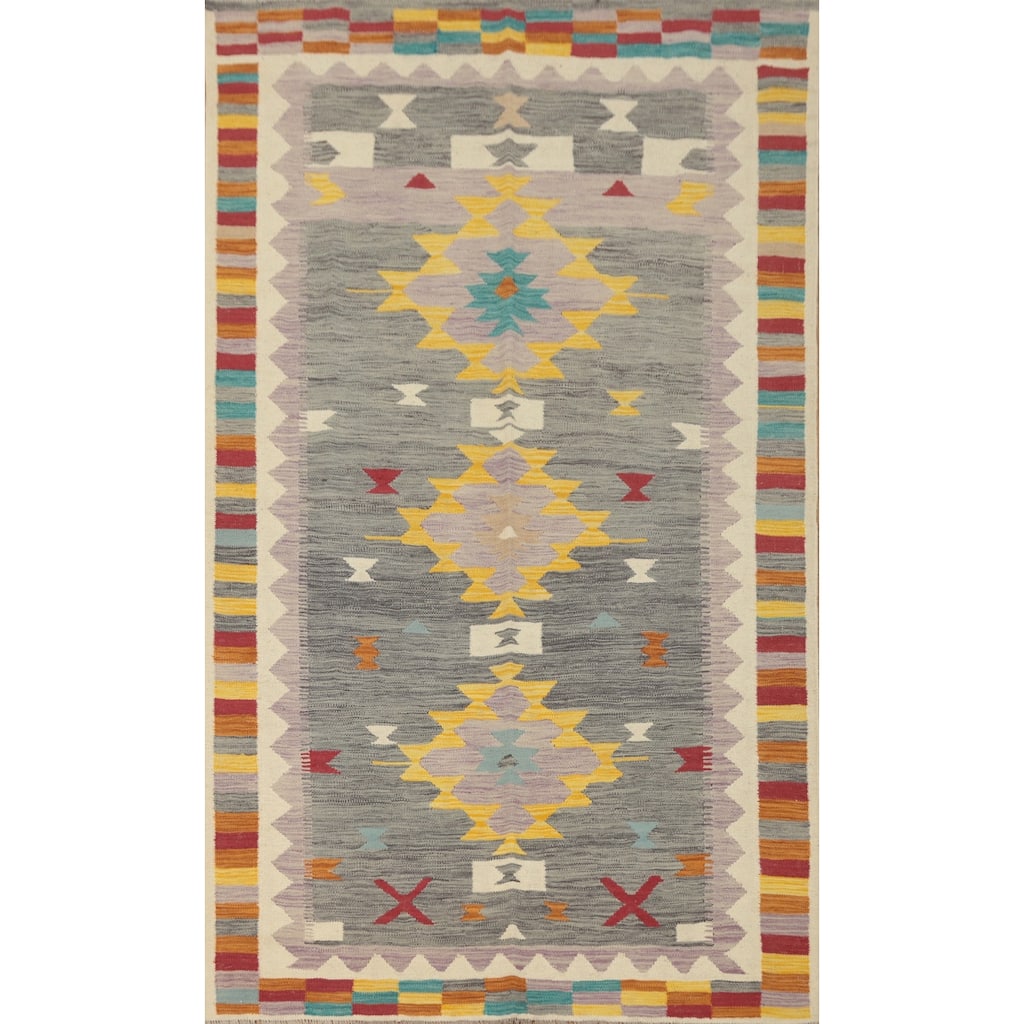Hand Woven Oriental 100% Wool Carpet Southwestern Tribal Greys & Charcoal Kilim Area Rug - 8' 3'' X 4' 9''