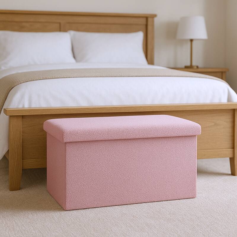 HomeRoots 30" White Boucle Storage Ottoman - Pink