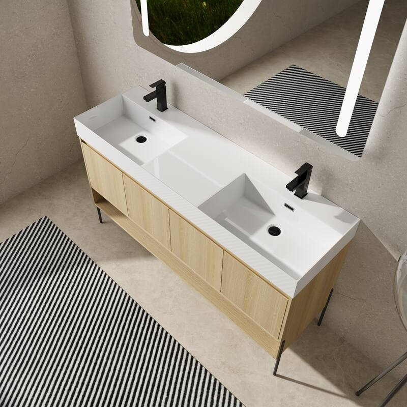 GDFStudio - Sydney Modern Freestanding Bathroom Vanity Cabinet with Double Resin Sink & 4-Soft Closing Doors - 60"