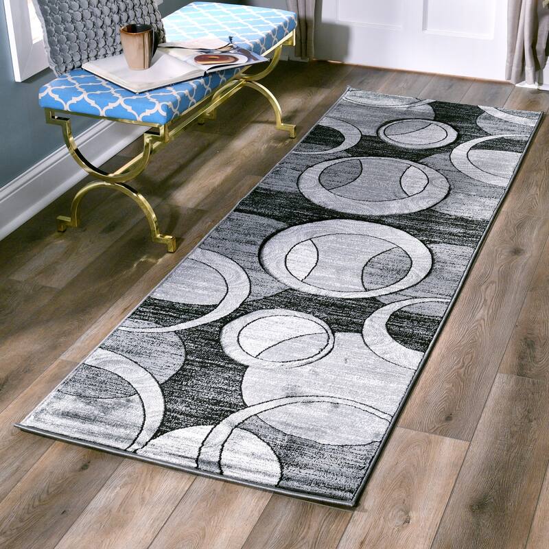 Orelsi Collection Abstract Geometric Circles Area Rug - 2'8" x 8'1" Runner Runner - Grey/Black