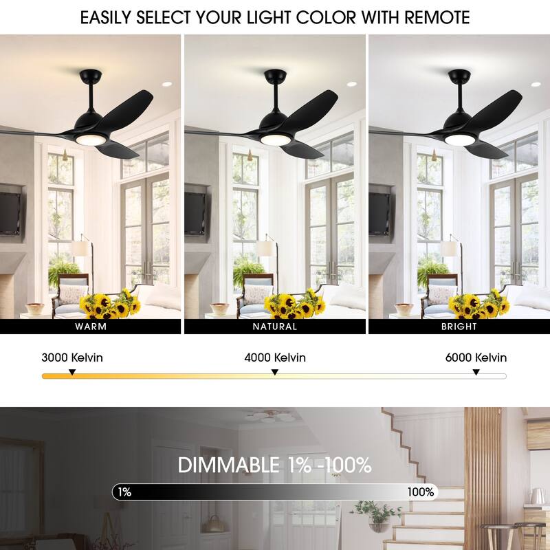 52" Modern Black ABS 3-blade Propeller Ceiling Fan with Light and Remote