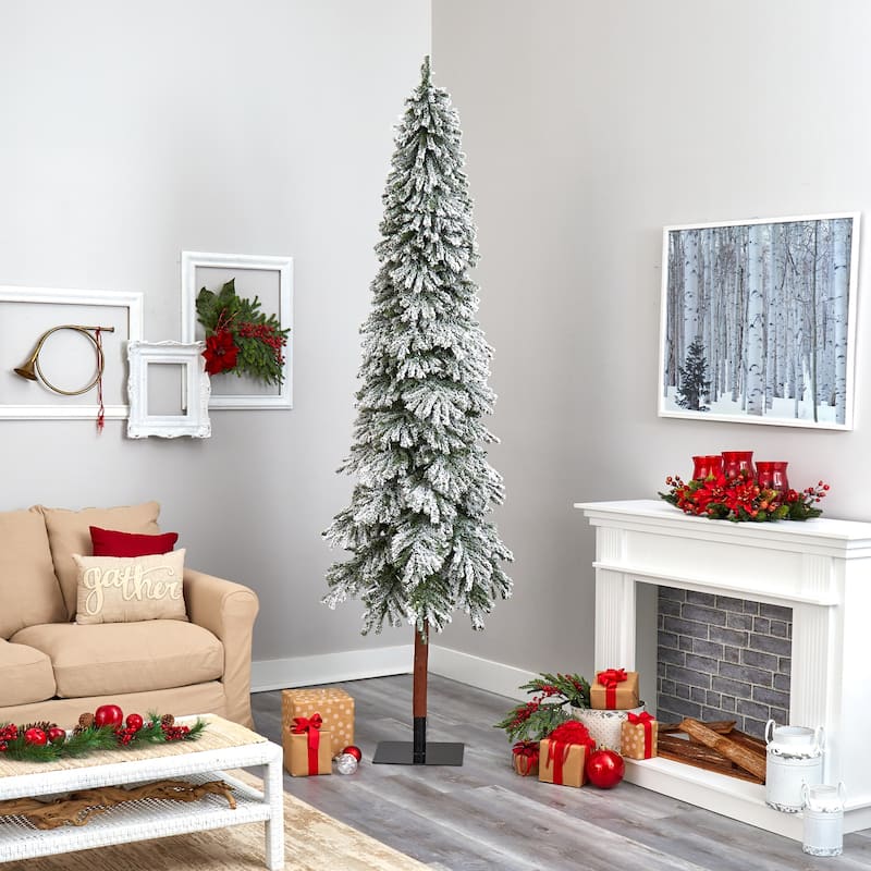 9ft Flocked Christmas Tree with Lights - Artificial Alpine Tree, Holiday Decor - Green - 108