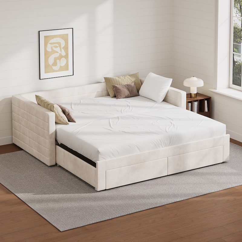 Tufted Upholstered Daybed with Pull-Out Expansion & 2 Hidden Drawers by Harper&Bright Designs