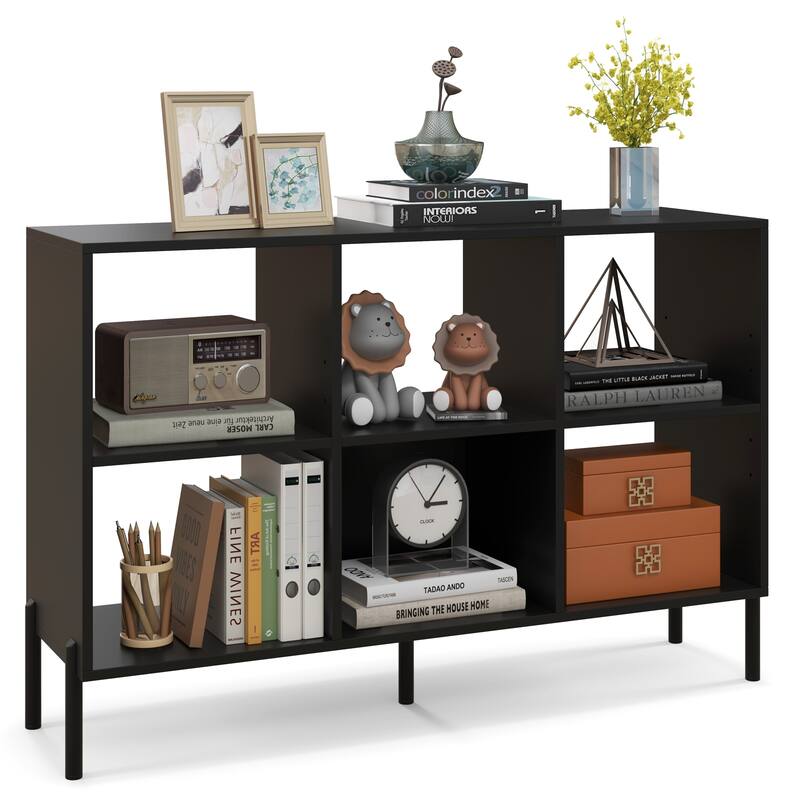Modern Open Back Engineered Wood 6-Cube Bookshelf with 2 Adjustable Shelves and Metal Legs - 47" x 14" x 31.5" (L x W x H) - Black