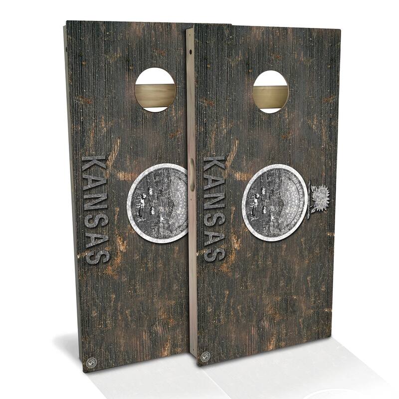Kansas Flag Rustic Outdoor Cornhole Board Set - Premium 2x4 - Include Case + Edge Lights